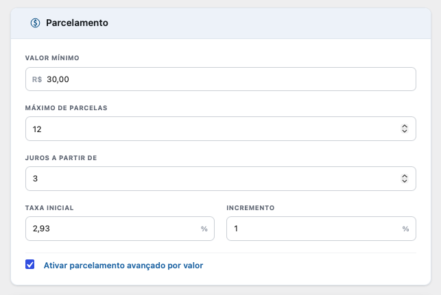Ativação da opção de parcelamento avançado