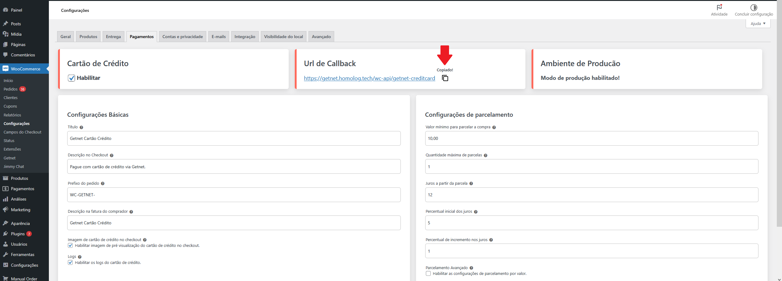Configurando callback, copiando url
