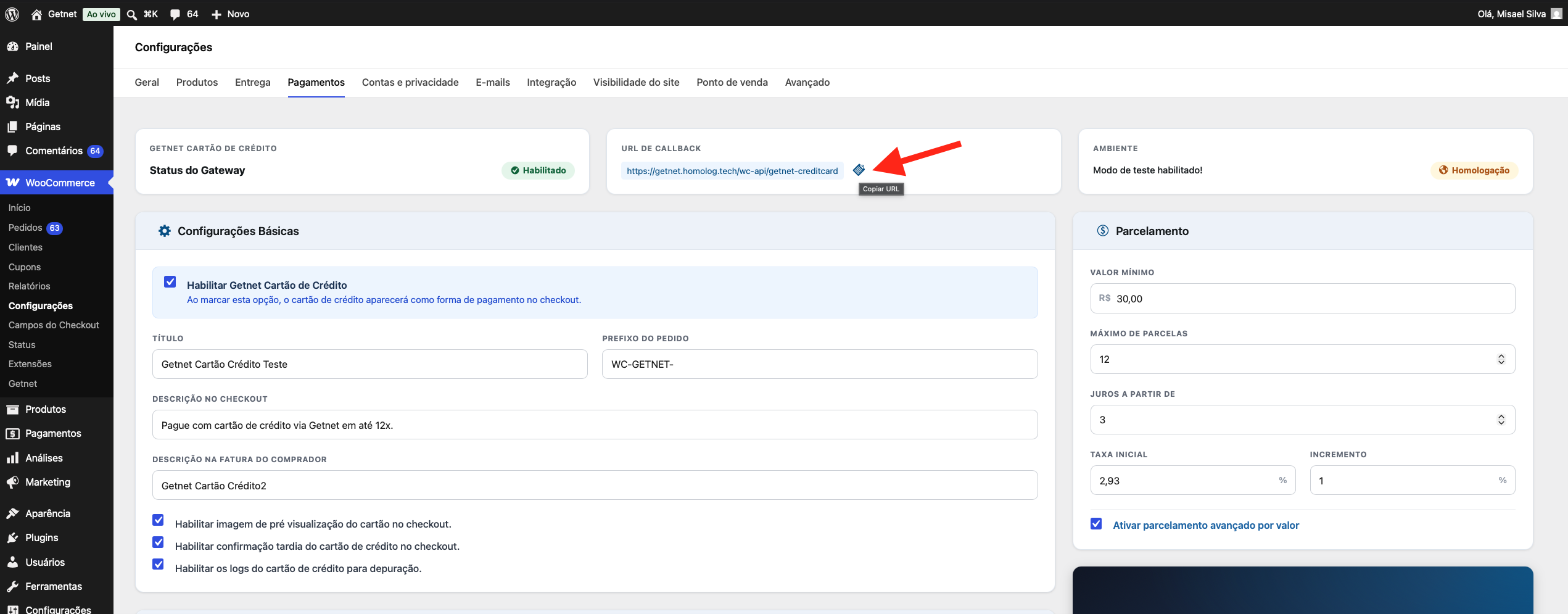 Configurando callback, copiando url