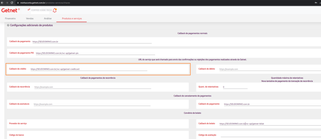 Colando url de callback no painel da Getnet