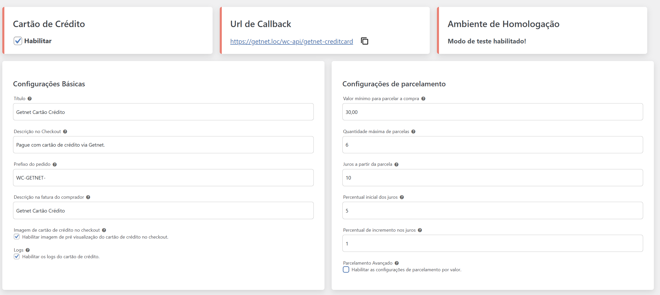 Configurações de cartão de crédito
