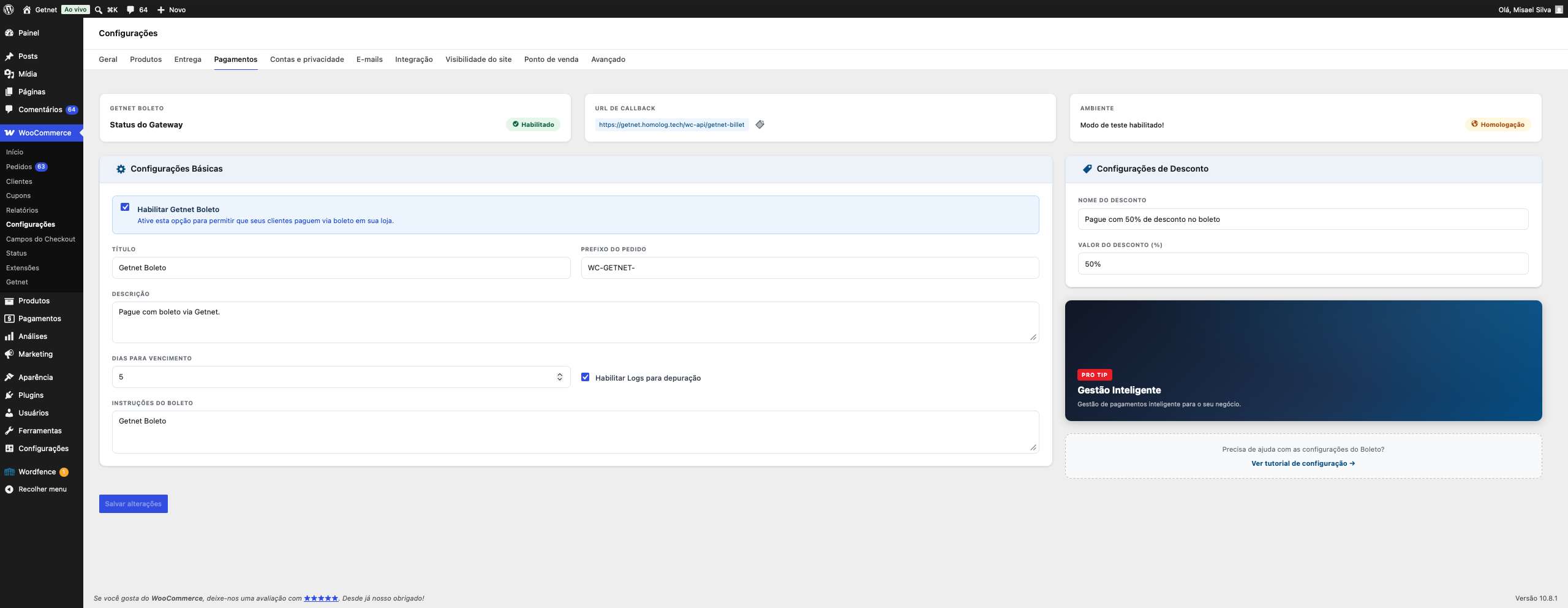 Tela de configuração do boleto