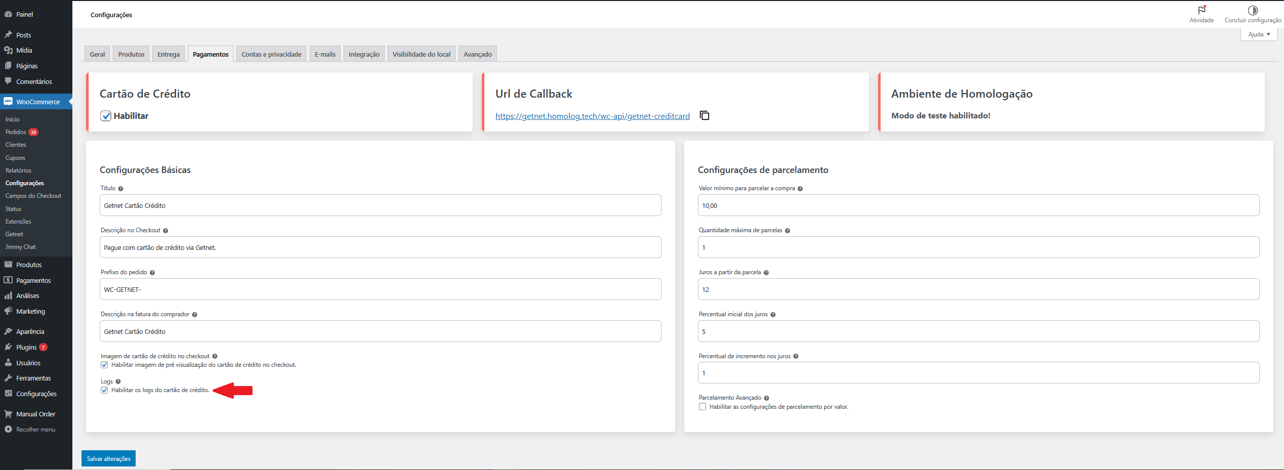 Configuração para habilitar logs
