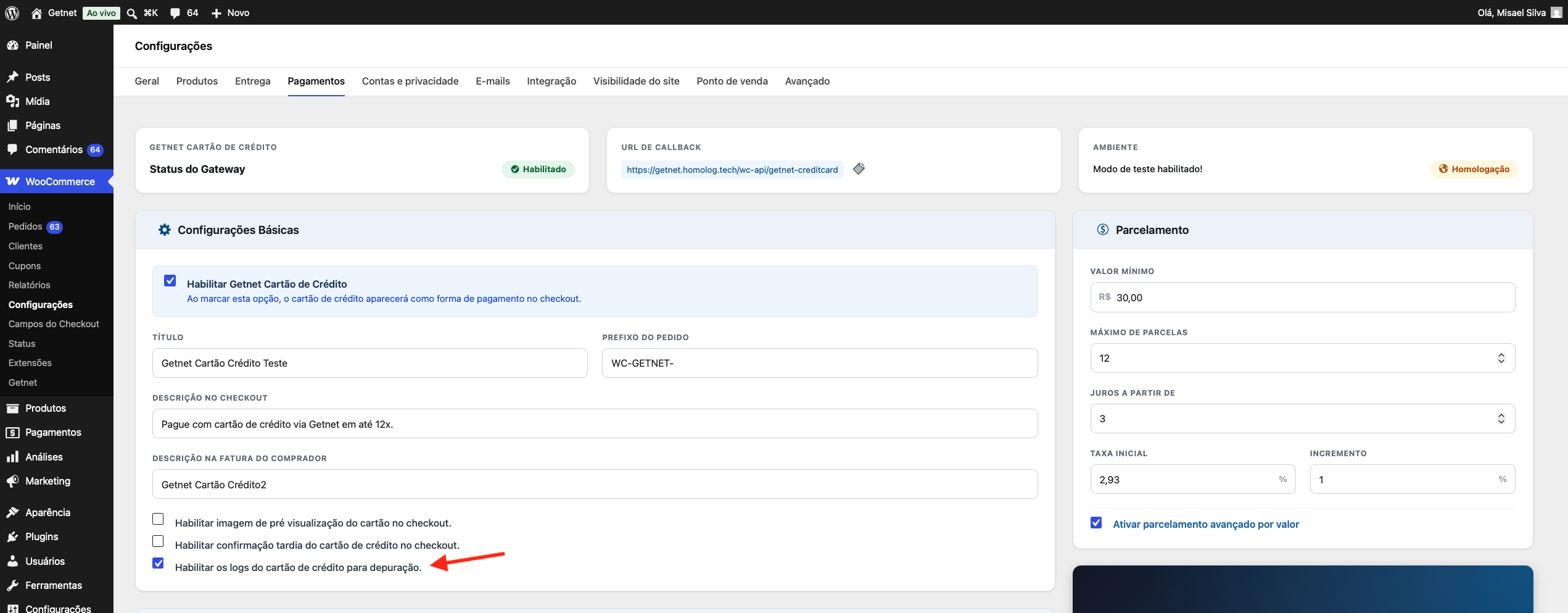 Configuração para habilitar logs