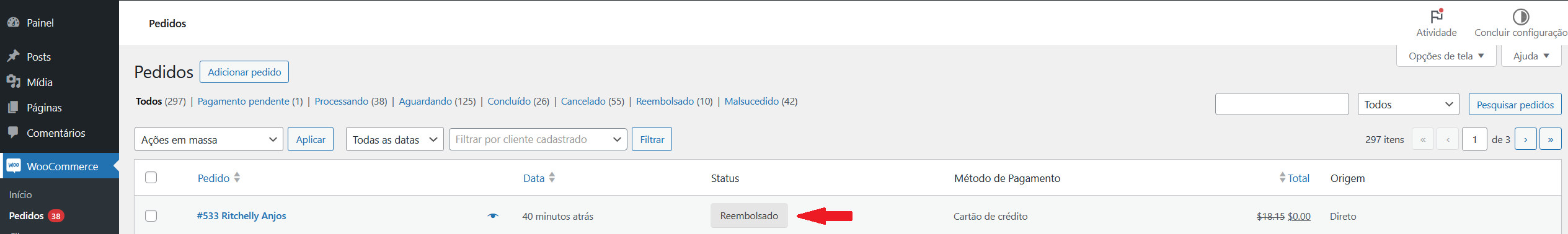 Pedido com status de reembolso